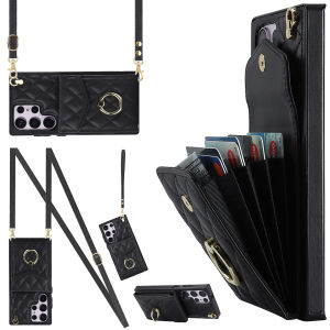 Card Case For Samsung With Diagonal Strap Lanyard Cards Slot Case Leather Case With Card holder Wallet Bag Case With Rope Mobile Phone Shell For Samsung Galaxy S23 Ultra S23 Plus S24 Ultra S23 FE S22 Plus S21 Ultra S20 FE Note10 Plus Note20 Ultra Cover