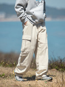 Mens Retro Cotton Work Trousers Straight Leg Patchwork Multi-Pocket American Casual Long Pants Comfortable Breathable Autumn Winter