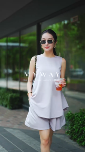 Set Dạo Phố Nữ MY WAY Áo Sat Nách Phối Quần Short Dáng Suông Trơn Basic 6MATB1382 6msb0127