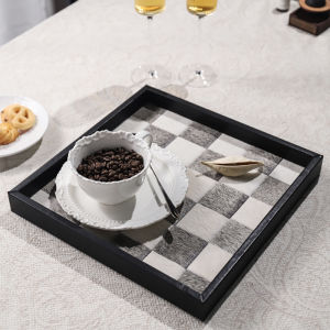 Black And White Chessboard Horse Hair Tray Decorative Item Nordic Style Bathroom Coffee Cup Desktop Storage Plate Creative Trend Wooden Material Home Decor