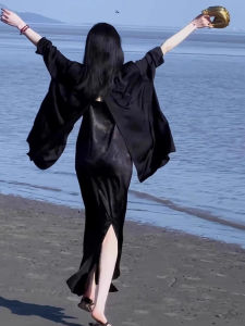 เสื้อสูททรงหลวมสำหรับผู้หญิง ทรงหลวม แขนยาว ปกติ คอปก สีดำ เส้นใยอะซิเตท ฤดูใบไม้ผลิ ฤดูใบไม้ร่วง ฤดูร้อน บาง หลวม หลังเปิด