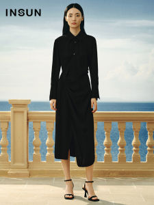 Insun Summer 2024 Waist-Cinching Asymmetrical Slit Acetate Dress Elegant A-Line Midi Skirt Long Sleeve Flip Collar High Waist