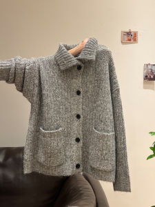 เสื้อสเวตเตอร์ถักคอโปโลแขนยาวหนาสำหรับผู้หญิง ทรงหลวม ปกโปโล ปักลาย ปกกระเป๋า ทรงคาร์ดิแกน ฤดูใบไม้ร่วง/ฤดูหนาว