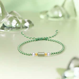 ZHOU LIU FU 周六福 24K Solid Gold Bracelets Natural Green Jade Freshwater Pearl Bracelet Elegant Adjustable Jewelry for Women Mom Daughter Birthday Anniversary 16+6cm Y1714449