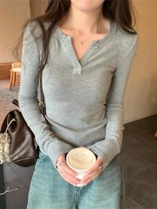 Áo Thun Cotton Dài Tay Ôm Vừa Vặn Cổ Thấp Mùa Thu Mới Về Phong Cách Hàn Quốc Pure Desire Dành Cho Nữ