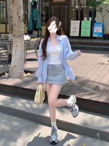 Gray A-Line Mini Skirt Womens Spring Summer New Style Anti-Light Medium Length Wrap around Skirt High Waist Slim Fit Short Skirt