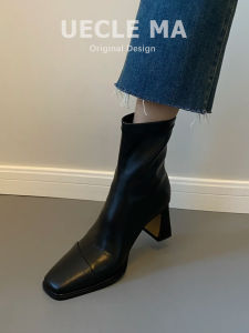 MASHUJIA | Giày Cao Gót Chất Da Ảnh Ankle Boots
