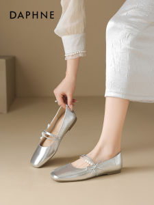 Daphne Silver Mary Jane Shoes Womens New 2025 Slip-On Fashionable Comfortable Flat Heel Casual round Toe Leather Shoes
