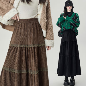 กระโปรงทรงเอเอวสูงสไตล์เค้กผ้ากำมะหยี่แต่งขอบลูกไม้ยาวปานกลาง ฤดูใบไม้ร่วง 2024 กระโปรงทรงเอทรงเอสำหรับผู้หญิง ชุดทำงาน แฟชั่นเกาหลี