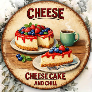 2D Flat Round Sign Vintage "Cheesecake" Plaque "Delicious Dessert Afternoon Tea" Decorative Sign Suitable for Kitchen Cafe
