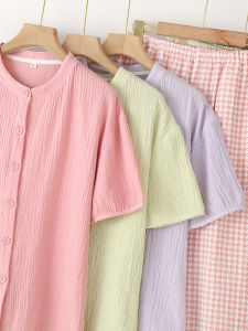 Lightweight Pure Cotton Flannel Nightgown Womens Simple round Neck Short Sleeve Long Pants Home Clothes Set Spring Summer