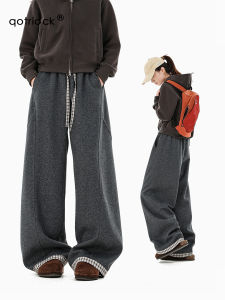 QOTRIOCK | Deep Gray Check Pattern Rope Drawstring Sweatpants Loose Flared Trousers