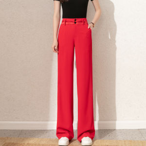 High Waist Red Ice Silk Suit Wide Leg Pants Womens Spring Autumn New Colorful Pants Straight Tube Pants Casual Trousers