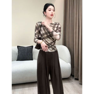 High-end Fashion Design Plaid Ombre Fitted Long Sleeve T-shirt