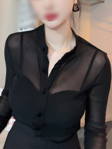 UYFY | French Lace Sheer Black Stand-collar Long-sleeve Shirt