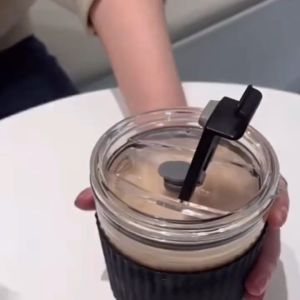 350/450ML Glass Cup With Straw Heat Resistant Portable Water Coffee Mug With Lid Straw Cup Milk Juice Tea Cup Travel Mug
