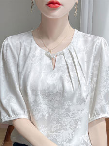 Elegant Satin round Neck Short Sleeve Womens Shirt Casual Loose Comfortable Floral Embroidery Slimming Loose Casual Blouse