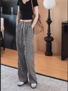 กางเกงขากว้างลายสก็อตสีดำขาวทรงหลวมเอวสูงสำหรับผู้หญิง กางเกงขายาวทรงตรงบางๆ สำหรับฤดูร้อน ผ้าโพลีเอสเตอร์ผสมคอตตอนและยางยืด