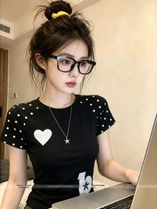 Polka Dot Insert Shoulder Heart Embroidered T-Shirt Women Summer Short Fit