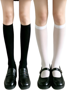 1/2 Pairs Women Black White Knee High Socks Uniform Style Solid Color Calf Socks