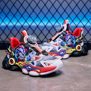 Kids Cool Rotating Button Twinkle Glowing Sports Shoes Anti-slip Soft Bottom Leather Surface Ultra-light Dad Shoes