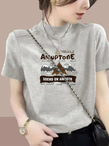 Áo Thun Cotton Cổ Cao Tay Ngắn Dáng Rộng Phong Cách Hàn Quốc Mùa Hè Cho Nữ Áo Thun Cotton Thường Ngày in Họa Tiết Thời Trang