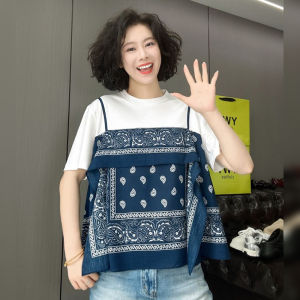 BINKAFENNY | Summer Vintage Unique Printed Scarf Neckline Short Sleeve T-Shirt Womens Beautiful Patchwork Sling Top Korean Style Loose Fit