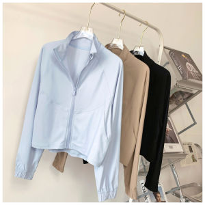 Black Yoga Sportswear Top Jacket Casual Sport Cool Feeling Stand Collar Running Fitness Sun Protection Breathable Gymwear