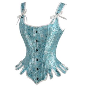 Women Corset Top with Shoulder Strap Gothic Black Blue Lace Up Overbust Embroidery Bustier Vest Renissance Costume