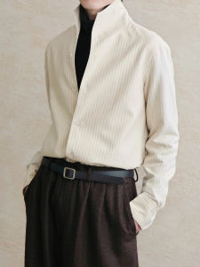 New Chinese Style High-End Mens Long Sleeve Shirt Loose Fit Stripe Pattern Stand Collar Spring Summer Trendy Outerwear