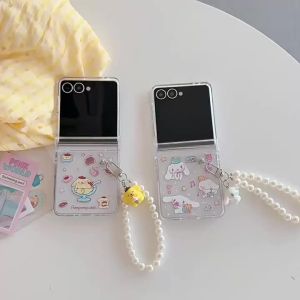 Sanrio | Kawaii Cute Sanrio Cinnamoroll Pompompurin Clear Case for Samsung Galaxy Z Flip 8 7 6 5 Pendant Strap Hinge Protect Z 플립8 Cover