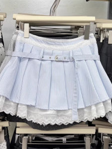 Váy Ngắn Xếp Ly Kẻ Sọc Xanh Cạp Cao Cho Nữ Mùa Thu Phong Cách Mới Váy Ngắn Xếp Ly Ren Viền Họa Tiết Hoa Thiết Kế Cảm Giác