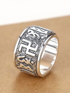 925 Pure Silver Mens Ring Trendy Tibetan Six-Syllable Mantra Rotatable Retro Thai Silver Large Wide Ring Dominant Finger Ring