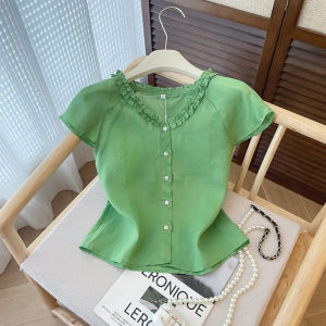 YIKEMAI | Áo Thun Hàn Quốc Dây Đan Sweet Lace V-neck Giúp Gọn Gàng