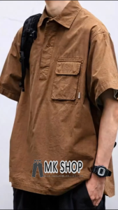 Japanese Retro Cargo Shirt Men Loose Fit Short Sleeve Streetwear Casual Polo Shirt Oversized Top Baju Kemeja (816)
