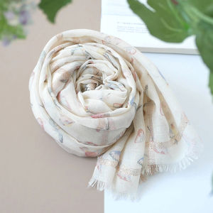 Flying Bird and Butterfly Spring and Summer Scarf Quiet Artsy Painting Style Cotton and Linen Scarf Fresh Japanese Summer Shawl