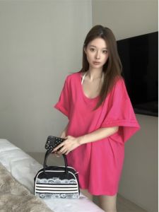 Loose U-Neck Short Sleeve T-Shirt Womens Style Korean Commute Pure Color Autumn Lazy Top Missing Bottoms Holiday Fashion