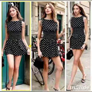 AA..Elegant Polka Dot Chiffon Mini Dress with Round Neck and Sleeveless Design