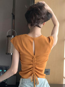 Summer Thin Knitted Short Sleeve T-Shirt Womens round Neck Hollow out Back Design Slim Fit Short Length Top Korean Style Commute Pure Color