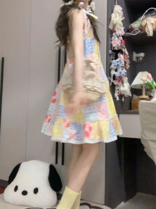 Sweet Lace Vest Dress Womens Summer New Style Short Skirt Small Size Japanese Sweet Wood Ear Look High Waist One Shoulder Dress