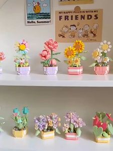 Mainan DIY Pot Tanaman Bricks Bunga Mainan Balok Romantis Kreatif Untuk Dekorasi Desktop