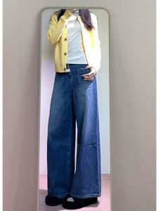 กางเกงยีนส์ทรงหลวมเอวสูงสไตล์ย้อนยุคแบบยาวสำหรับผู้หญิง กางเกงขายาวทรงตรง กระเป๋าหน้า กางเกงยีนส์ทรงหลวมสไตล์อเมริกัน