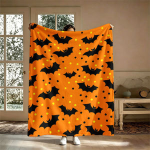 BILIBILI | Halloween Bats Orange Dots Flannel Blanket Perfect for Sofa Office Bed Travel Sleep Read Relax Camping Four Season Use