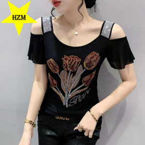 HZM 2023 summer new T-shirt encrusted double-layer ice silk gauze short sleeve fashion off-shoulder beautiful back small shirt womens T-shirt