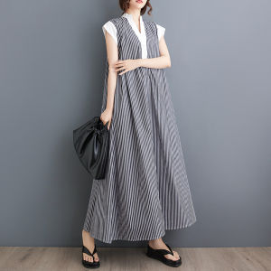 Summer 2025 French Style V-Neck Stripe Loose Slimming Long Dress Fashionable Casual A-Line Skirt without Sleeve Comfortable