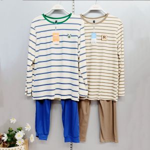 Home Clothes round Neck Pullover Stripe Pattern Cotton Sleepwear AB Color Matching Home Leisure Long Sleeve Knitted Fabric
