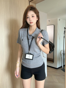 HUOLISI | Gray Polo Collar Short Sleeve Knit Top