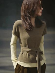 Autumn Winter Long Sleeve T-Shirt Korean Style Chic Unique Design Anti-Collision Fashionable Fake Two-Piece High Waist Type