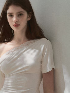 Soft White Lacy One-Shoulder Waist-Cinched T-Shirt