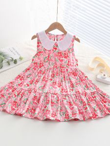 Cool Lightweight Cotton Gauze Dress Doll Collar Artificial Cotton Floral Beach Skirt Baby Summer Dress Girls Cake Skirt Sweet Style